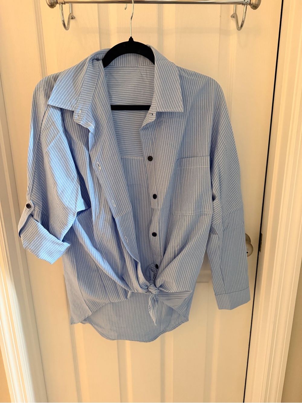 Oversized Light Blue Stripe Button-Down Shirt - Women's Top - Picture 2 of 4